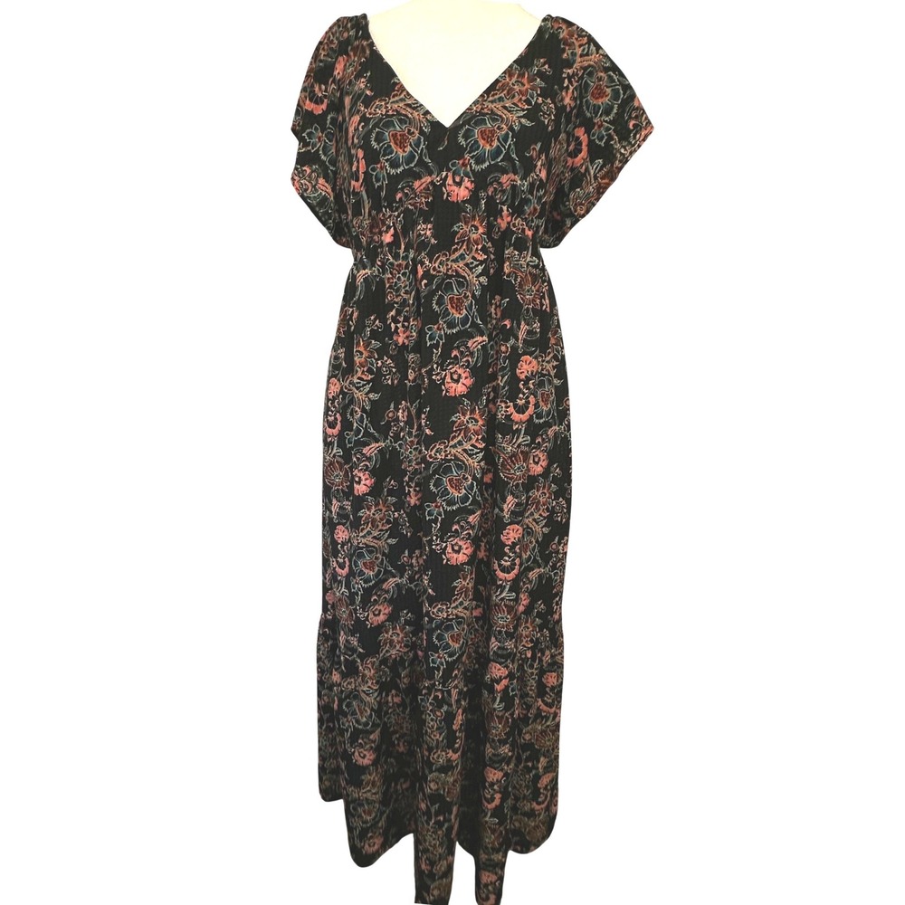 Black Foral Maxi Tiered Dress XS Dark Romantic Smocked Flutter Sleeve Cottage
